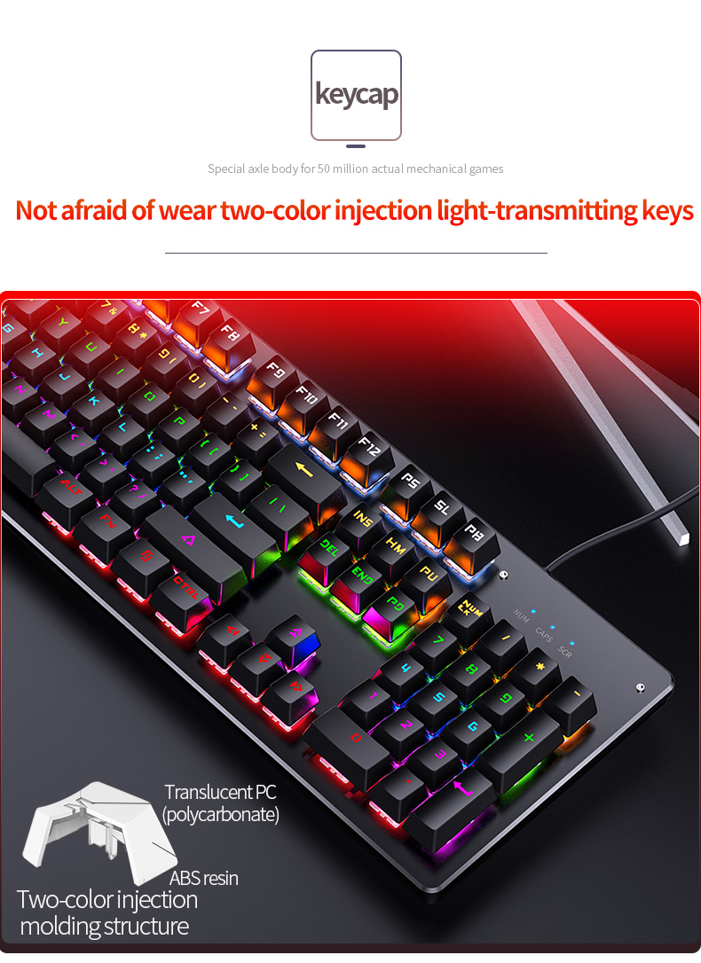 yindiao caller mechanical keyboard 104 keys green axis backlit office e sports game keyboard wired usb desktop computer notebook universal details 8