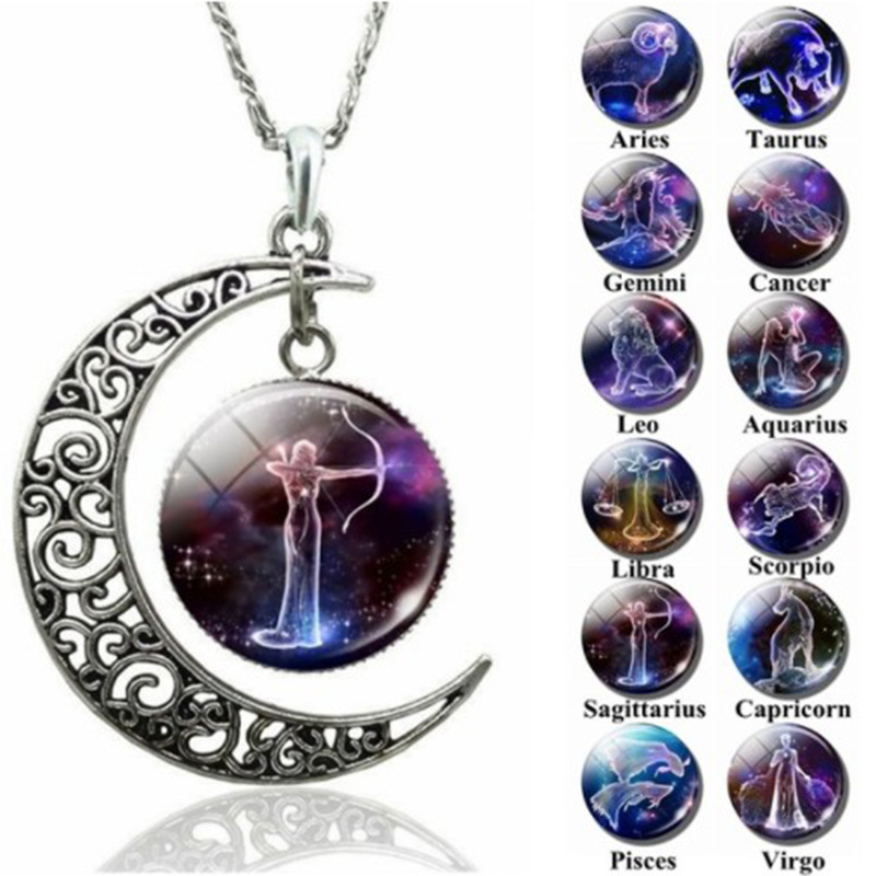 twelve constellation moon necklace time gemstone pendant necklace personality neck jewelry birthday gift details 1