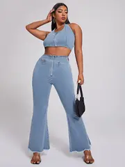 plus size y2k denim style zipper halter neck crop top high rise flared leg jeans set womens plus medium stretch sexy outfits 2pcs set details 0