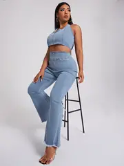 plus size y2k denim style zipper halter neck crop top high rise flared leg jeans set womens plus medium stretch sexy outfits 2pcs set details 1