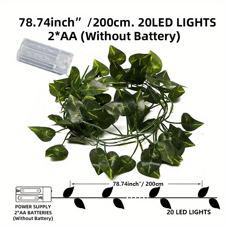 1pc led green leaf fake plants string light 2m 78 74in 20 led new year decorations battery powered not included batteries for wall house room decor office decor birthday home room bedroom decor details 0
