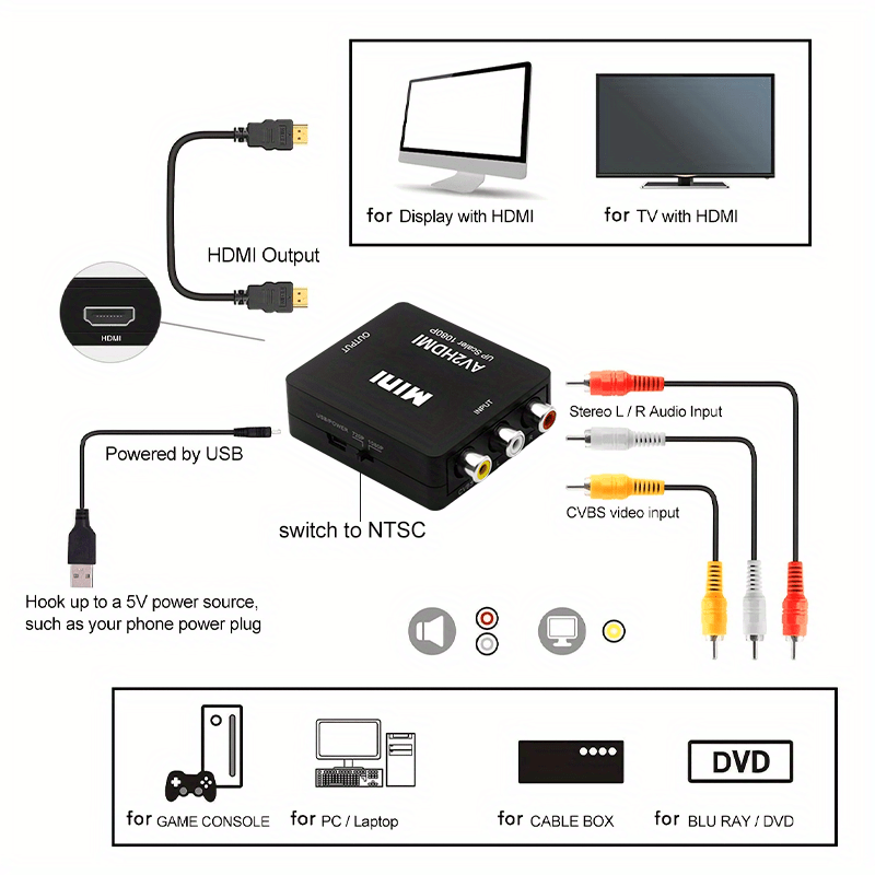 convertidor hdtv 1080p - adaptador rca a av, compatible con pal/ para tv, pc, ps3, , vhs, vcr, reproductores de blu-ray detalles 4