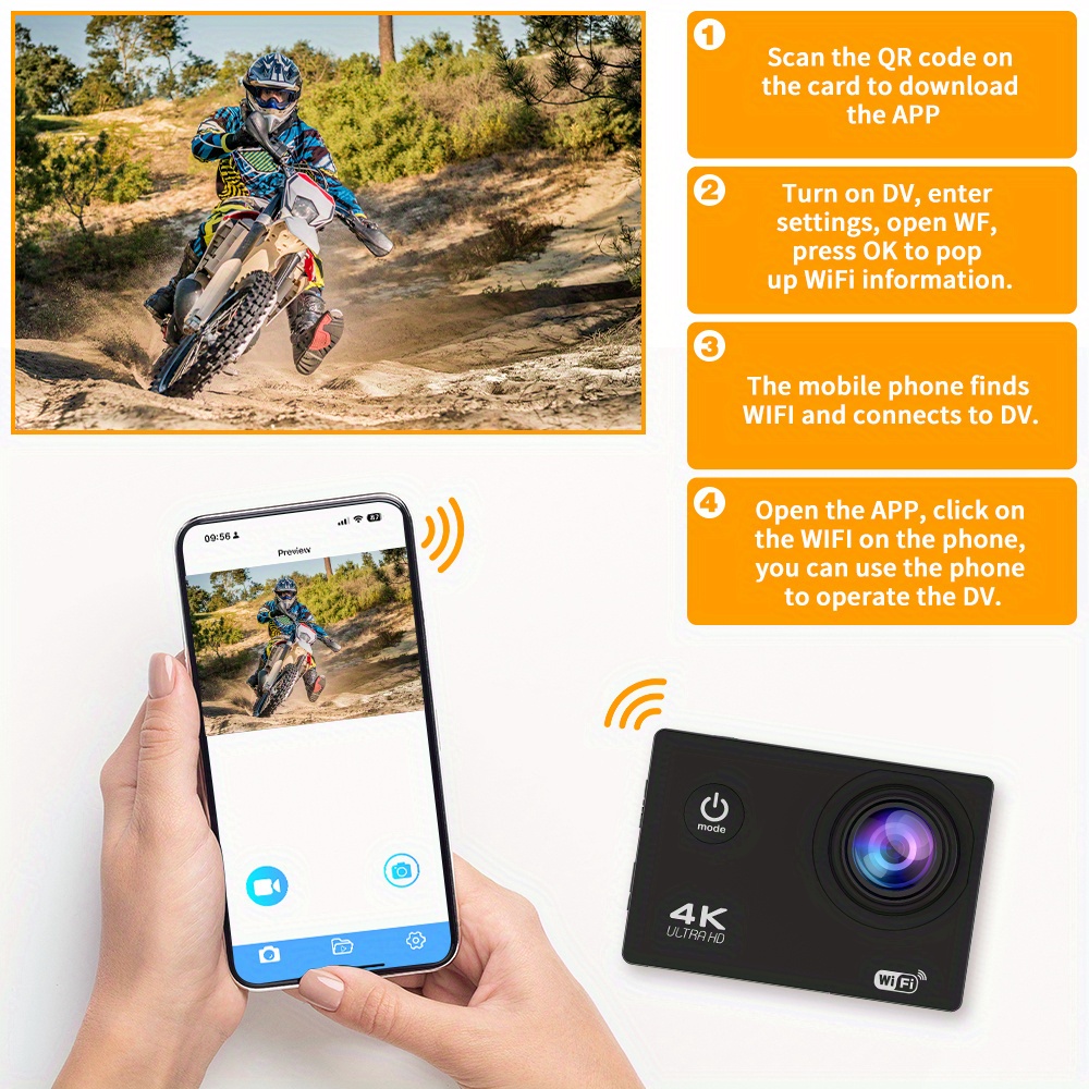 câmera de     at-g200r 4k ultra hd com wifi, controlo remoto, cartão de 8gb, lente de ângulo   de 150° - bateria de lítio recarregável, lente de   de  ,   pré-sincronizado para grav  de  , câmera de   para mim detalhes 0