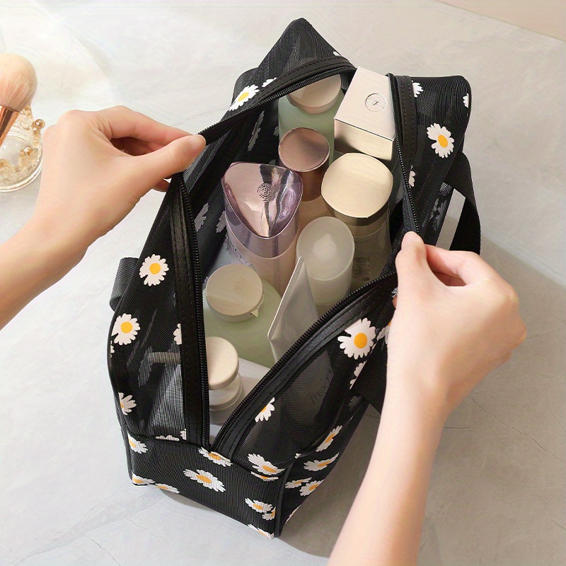 daisy pattern mesh bag portable zipper makeup bag large summer beach toiletry wash bag details 4