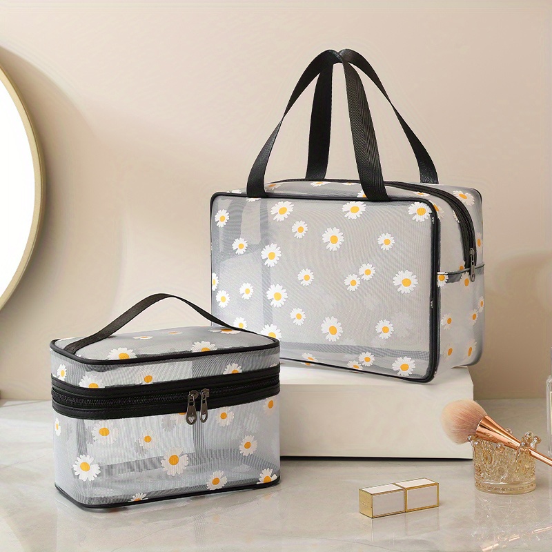 daisy pattern mesh bag portable zipper makeup bag large summer beach toiletry wash bag details 1