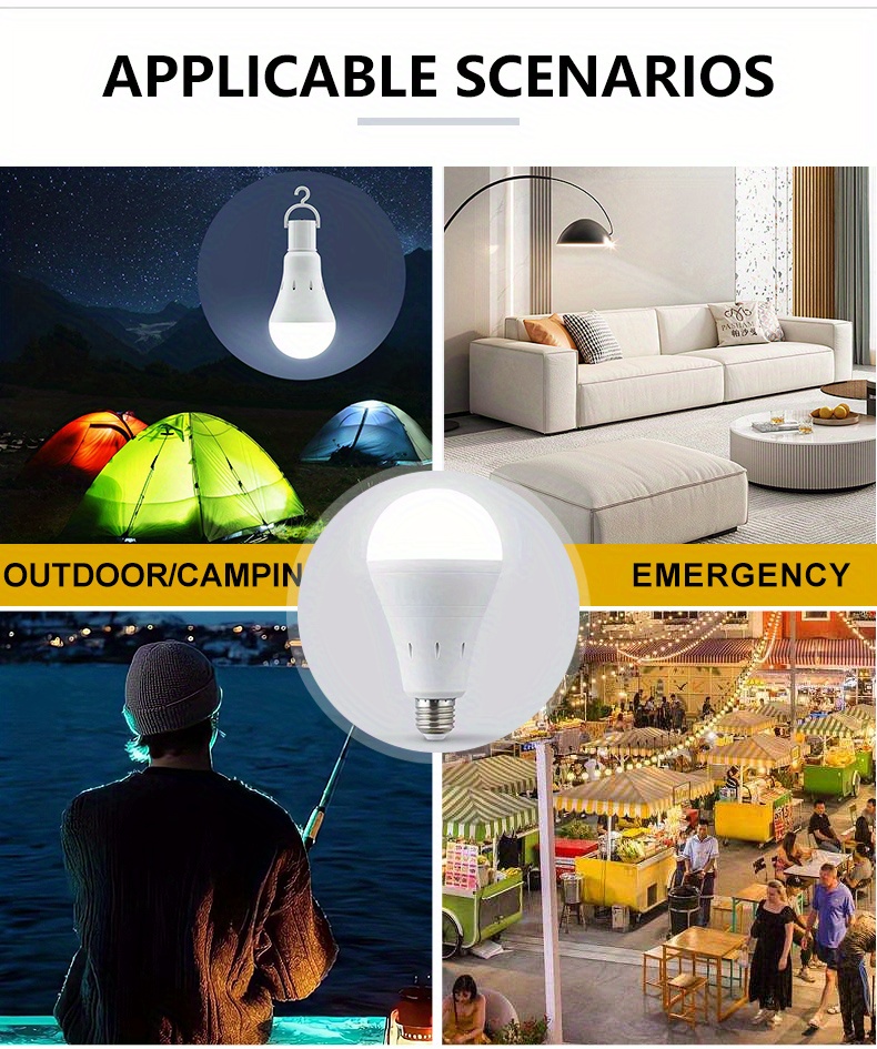 1 pc smart charge led bulb 7w 9w 12w 15w equivalent to 50w 100w daylight white 6000k with switch hook multifunctional battery backup emergency light for home emergency camping outdoor activities e26 base details 6