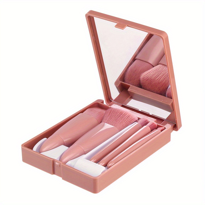 5pcs set portable mini makeup brush set with mirror and case soft fiber hair powder and eye shadow brushes for professional beauty tools details 4