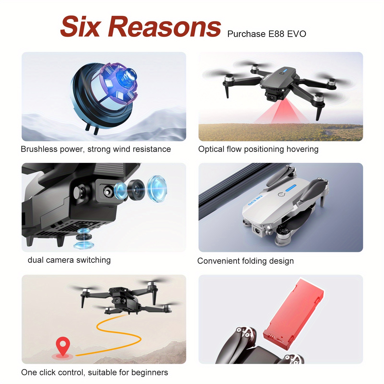 new e88 evo rc drone sd dual camera optical fow brushless motor intelligent follow trajectory flight gesture photography wifi fpv foldable quadcopter battery 2 3 optional for teenage model hobbies details 2