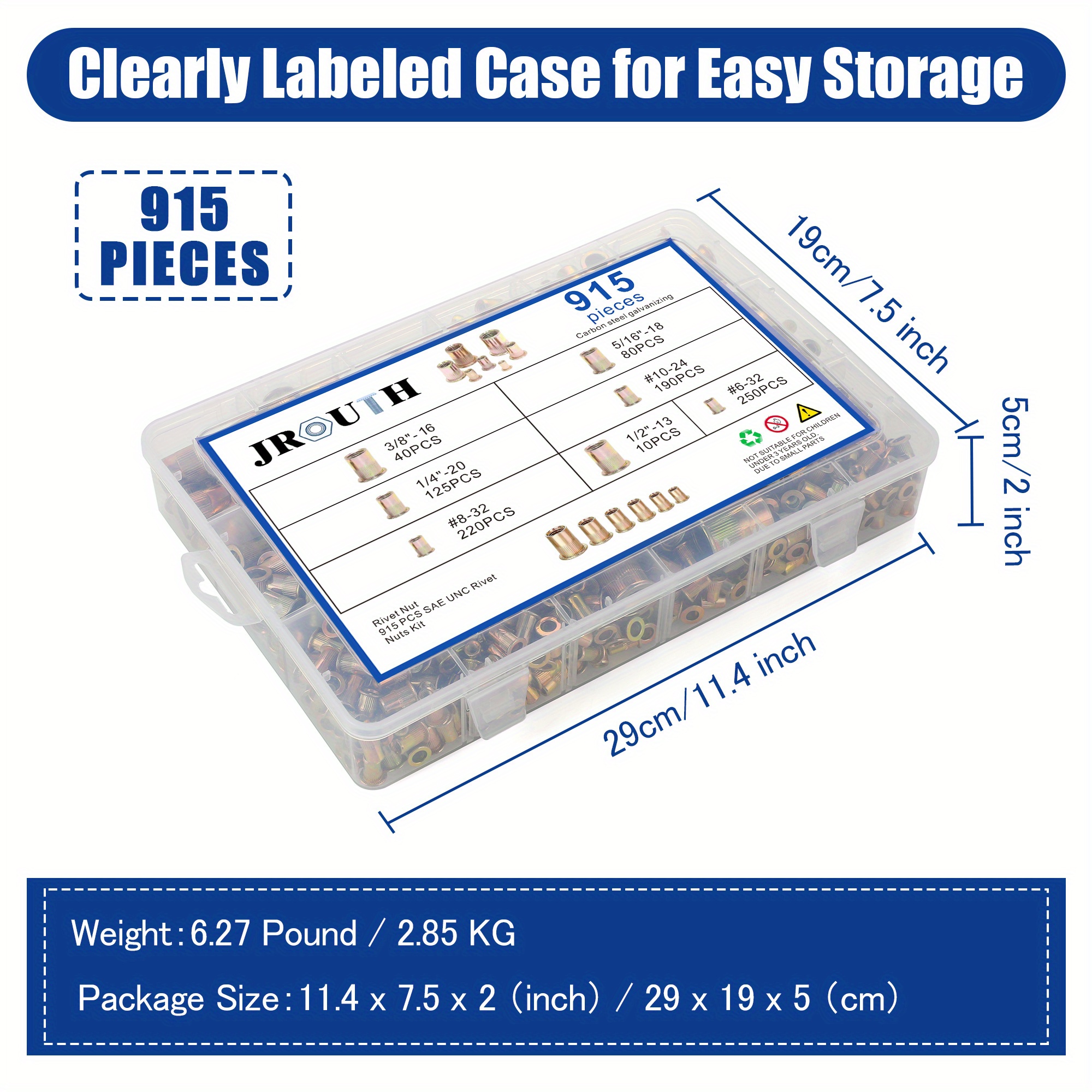 915pcs Rivet Nut Kit SAE UNC Rivet Nuts Assortment 6#-32, 8#-32, 10#-24, 1/4 -20, 5/16 -18, 3/8 -16, 1/2 -13, Zinc Plated Carbon Steel Nut Inserts Rivnuts Nutserts Kit - JROUTH details 3