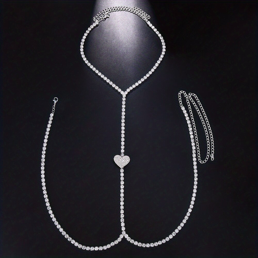 1pc copper claw chain heart shaped rhinestone chest chain nightclub style shiny bikini body chain details 3