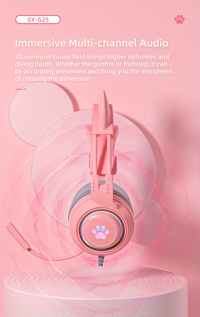 g25 computer headset pink cat ear luminous rgb light stereo bass surround compatible with ps4 pc xbox one ps5 notebook mac mobile 1 2 conversion cable soft memory earmuffs details 4