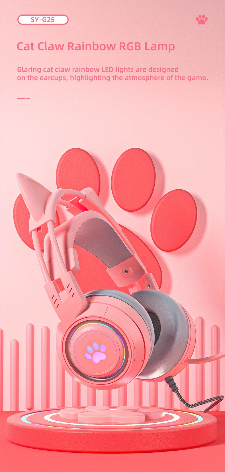 g25 computer headset pink cat ear luminous rgb light stereo bass surround compatible with ps4 pc xbox one ps5 notebook mac mobile 1 2 conversion cable soft memory earmuffs details 9