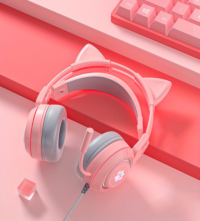 g25 computer headset pink cat ear luminous rgb light stereo bass surround compatible with ps4 pc xbox one ps5 notebook mac mobile 1 2 conversion cable soft memory earmuffs details 13