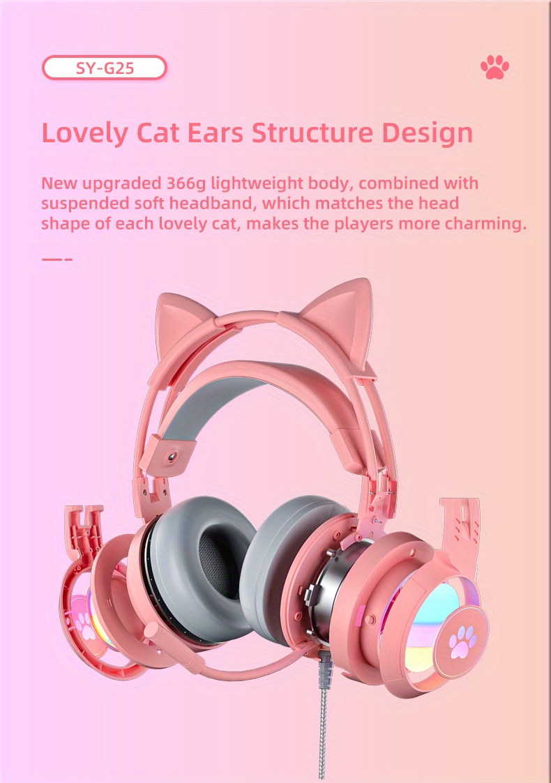 g25 computer headset pink cat ear luminous rgb light stereo bass surround compatible with ps4 pc xbox one ps5 notebook mac mobile 1 2 conversion cable soft memory earmuffs details 3