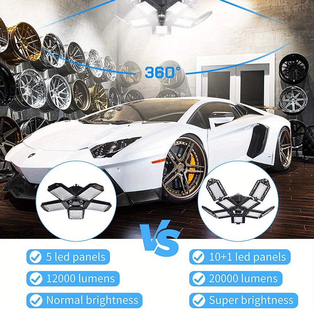 20000lm led garage ceiling lighting 10 1 adjustable panels lights for maximum brightness and coverage 200w 6000k deformable led shop light with e26 e27 medium base details 8