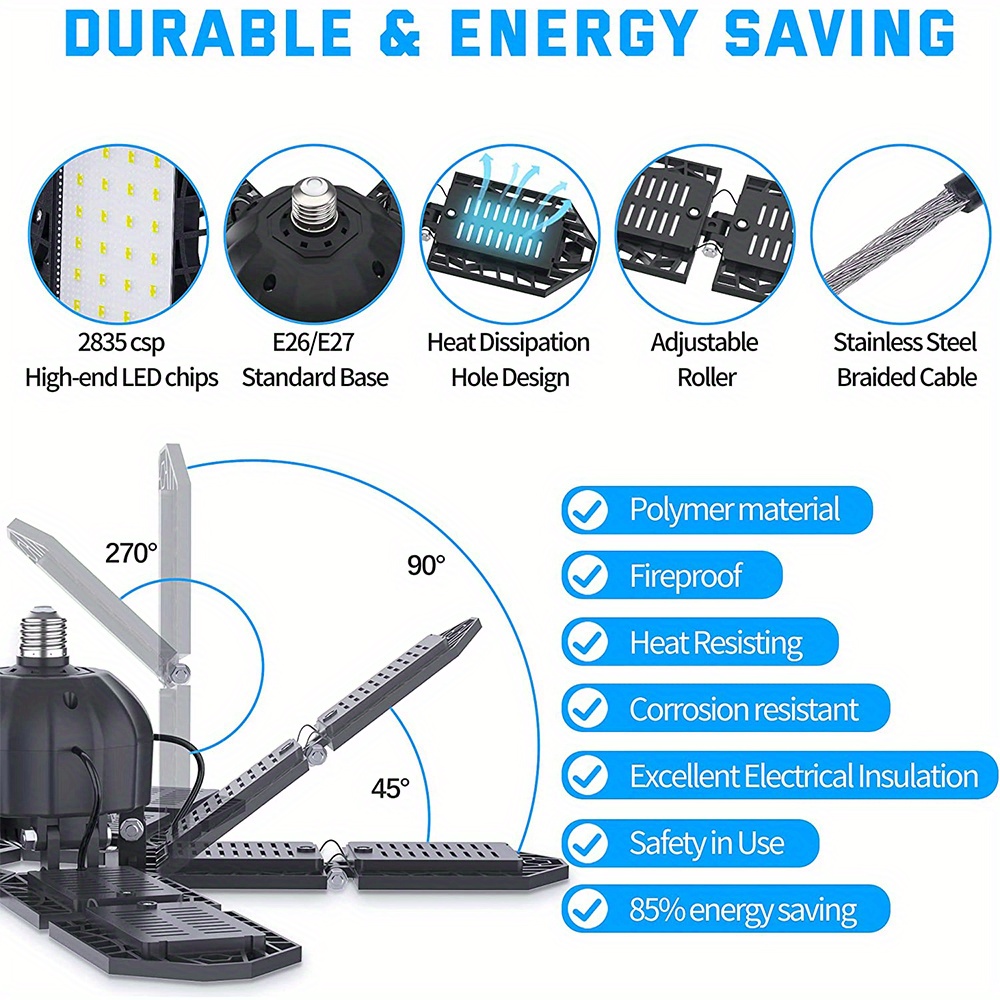 20000lm led garage ceiling lighting 10 1 adjustable panels lights for maximum brightness and coverage 200w 6000k deformable led shop light with e26 e27 medium base details 2