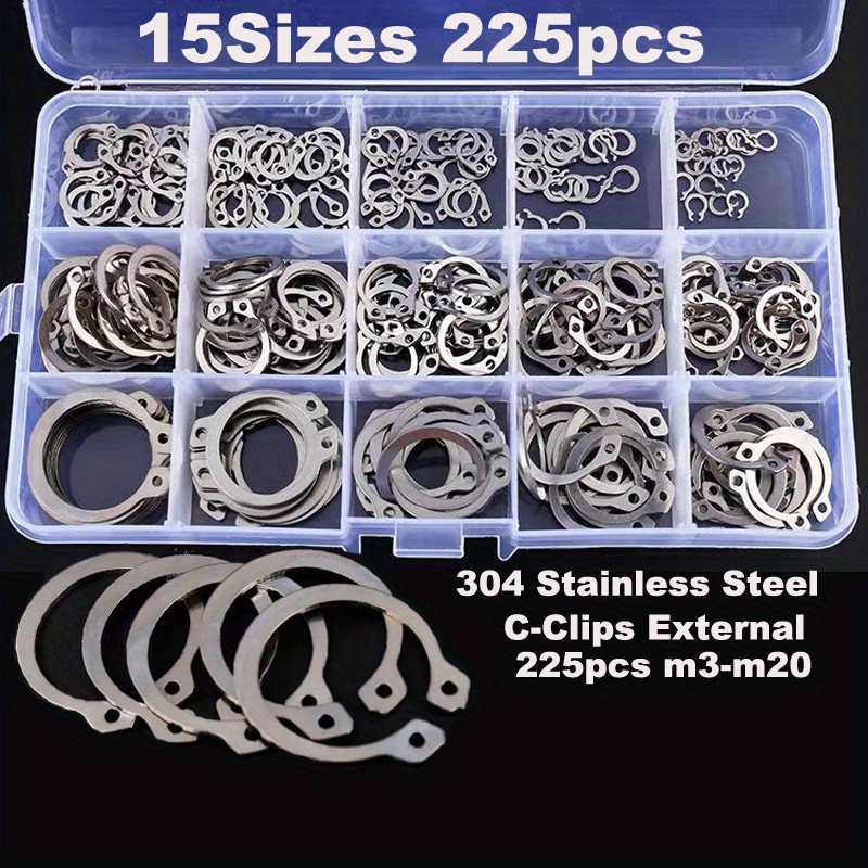 225pzas, kit de anillos de retención externos con clips en c, 15 tamaños, anillos de seguridad de acero inoxidable 304 para kit de ejes, paquete de -m20 detalles 0