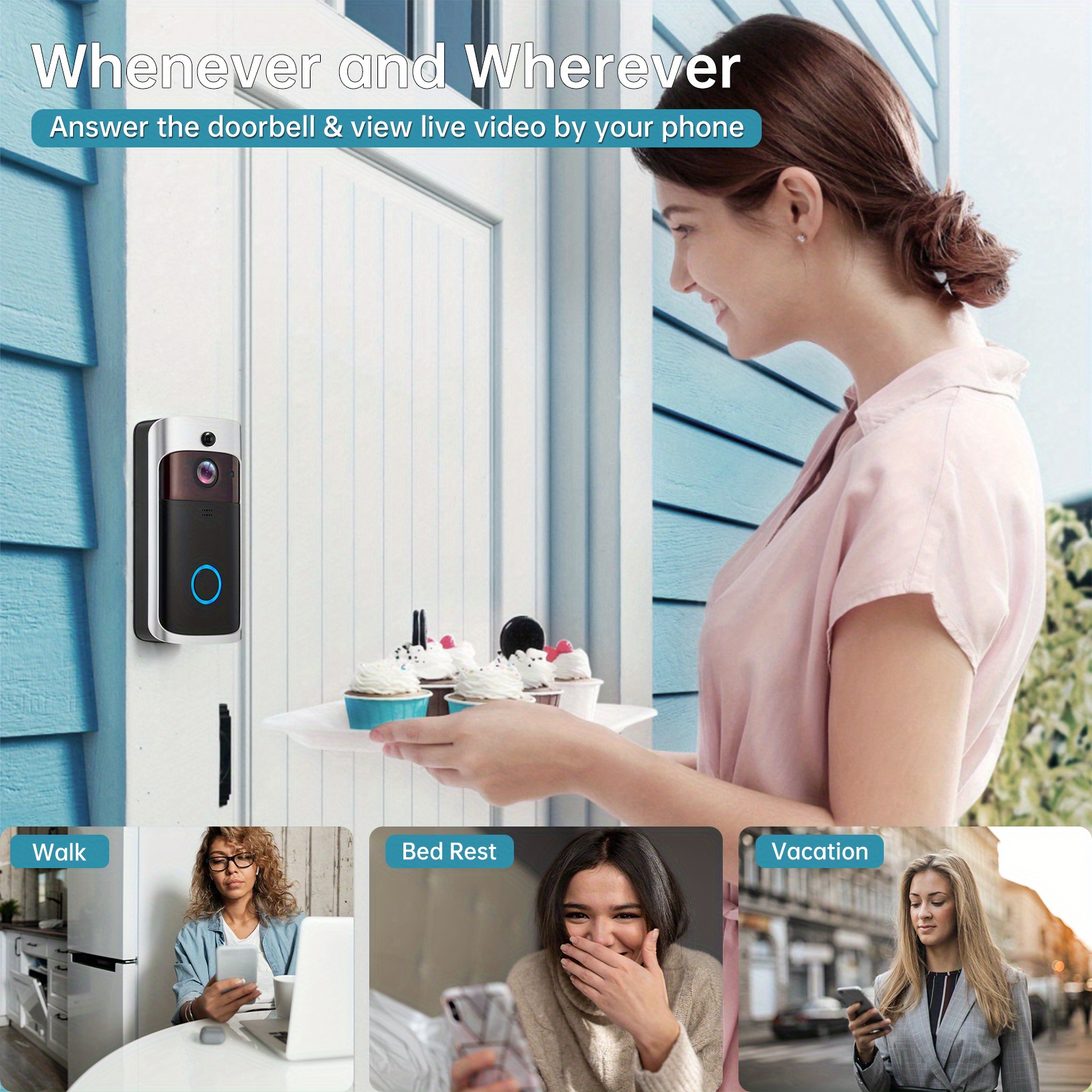 wifi video doorbell camera wireless doorbell with chime home security system camera door bell with cloud storage ring video doorbell night vision 2 way audio battery powered silvery black details 1