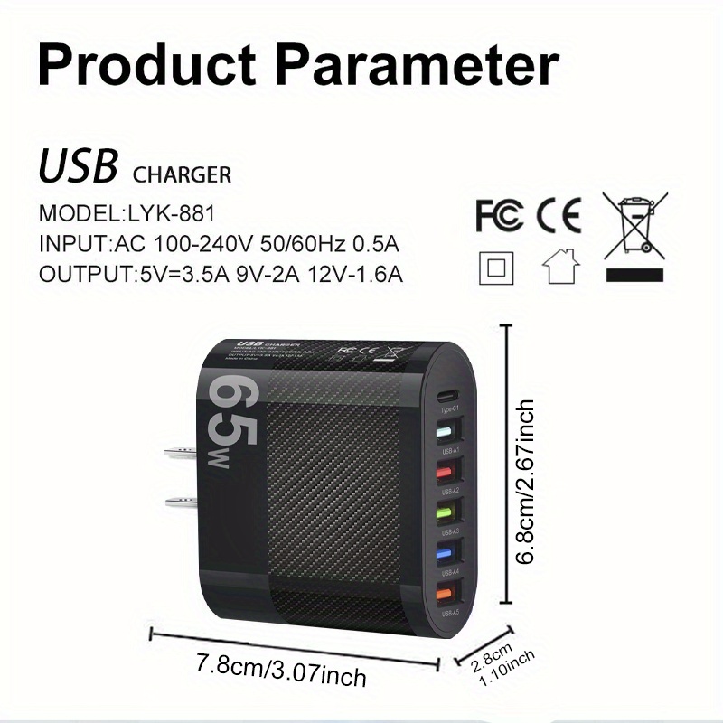 6 ports 65w pd us standard fast charge details 1