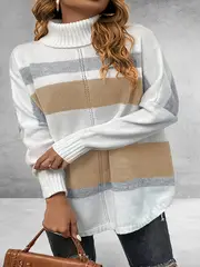 plus size casual sweater womens plus colorblock long sleeve turtle neck slight stretch sweater details 1