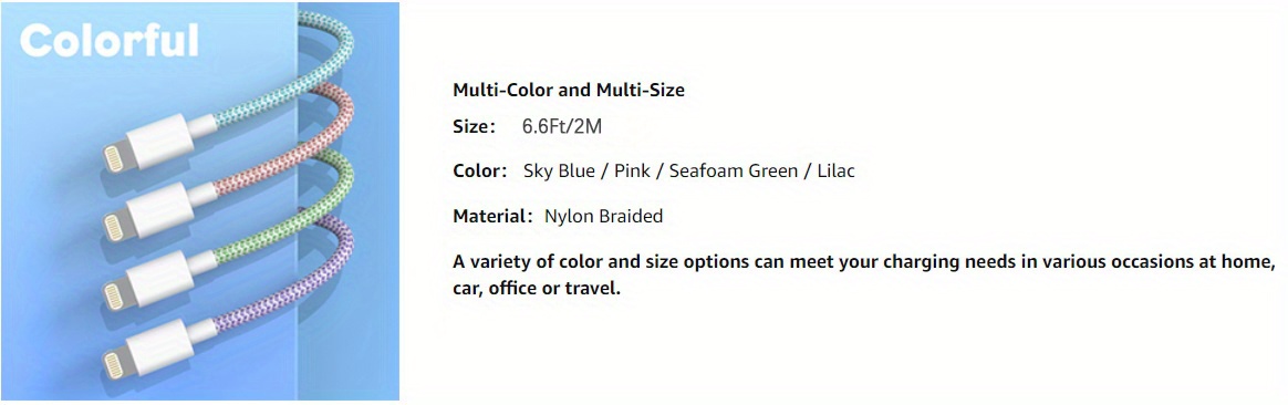 4 packs 10 ft 3m nylon braided fast usb charging cables for iphone 14 13 12 11 pro max xr xs x 8 7 6 plus se ipad airpods pastel cute colors details 1