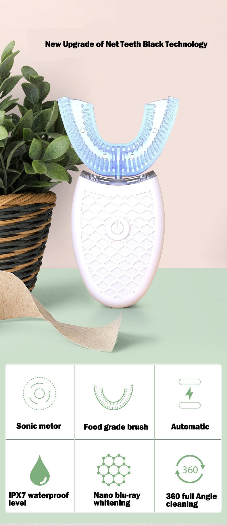 revolutionize your oral hygiene with the electric ultrasonic u shaped toothbrush 360 mouth cleansing led light waterproof ipx7 certified 3 cleansing modes whole mouth whitening details 0