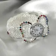 boho round quartz watches colorful rhinestone stretch bangle watch rhinestone color is random details 4
