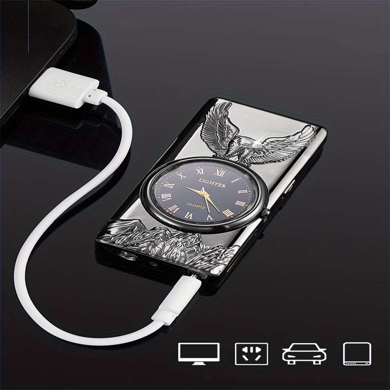 1pc double arc lighter embossed eagle cool real dial led lighting charging igniter details 5