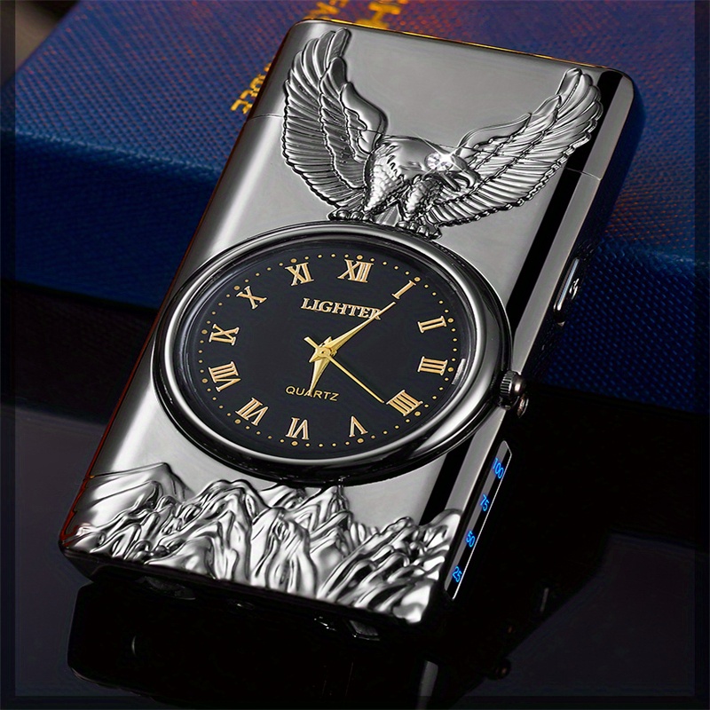 1pc double arc lighter embossed eagle cool real dial led lighting charging igniter details 4