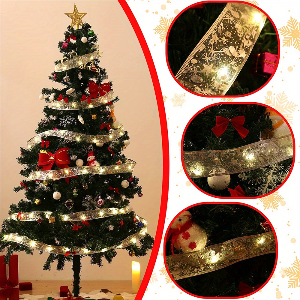 1pc led christmas ribbon lights 20 50 100 led christmas tree decoration christmas ribbon fairy lights battery powered copper wire ribbon string lights ribbon lace butterfly lights for wedding new year home room christmas decoration details 10