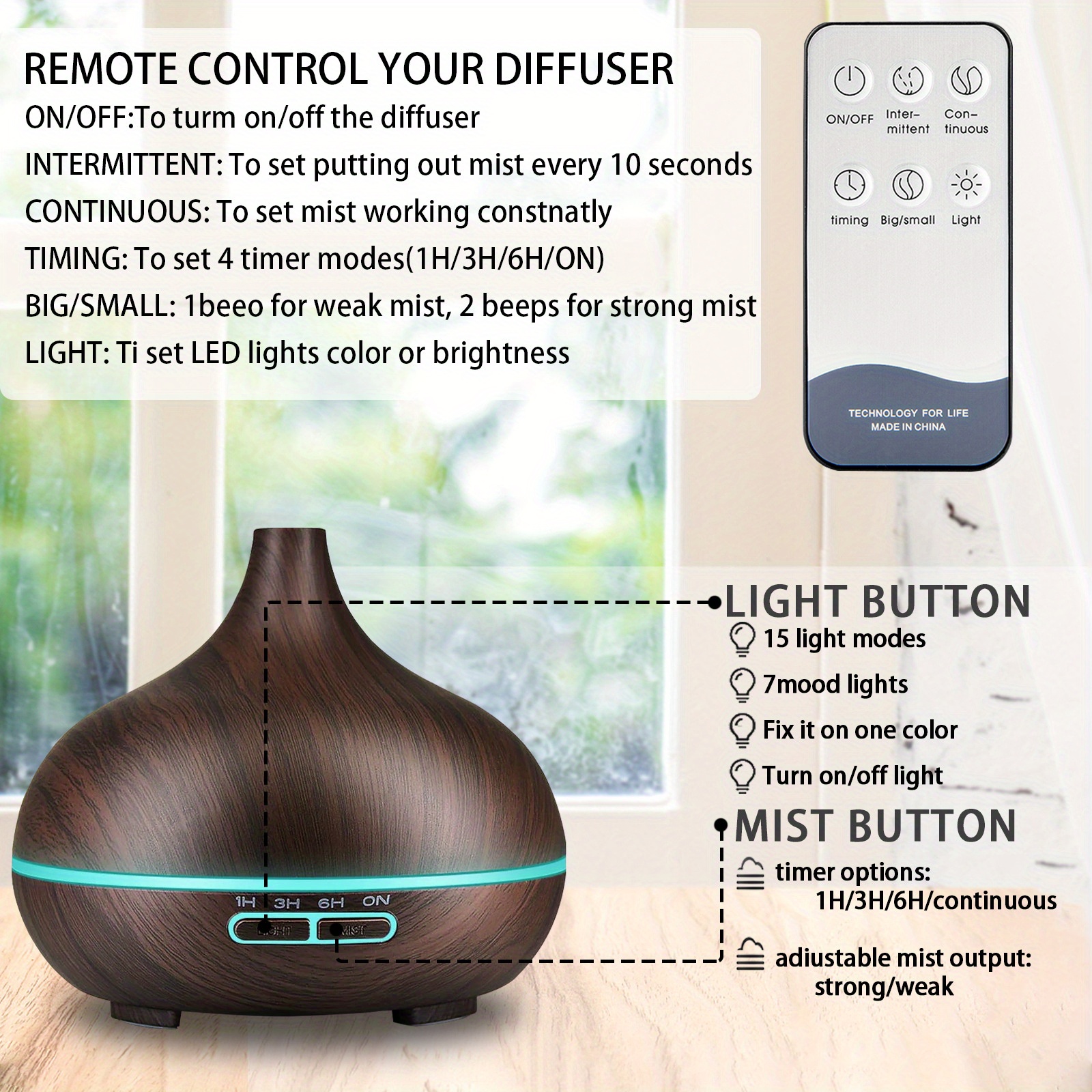 1pc 550ml essential oil diffuser remote control diffusers for essential oils electric ultrasonic air humidifier aromatherapy diffuser with waterless auto off details 4