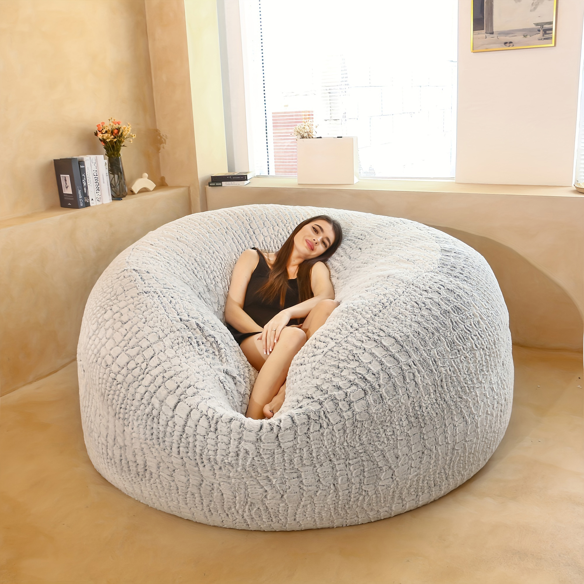 1pc crocodile pattern bean bag chair cover large circular soft pv velvet fluffy cover for living room bedroom office home decor without filling details 1