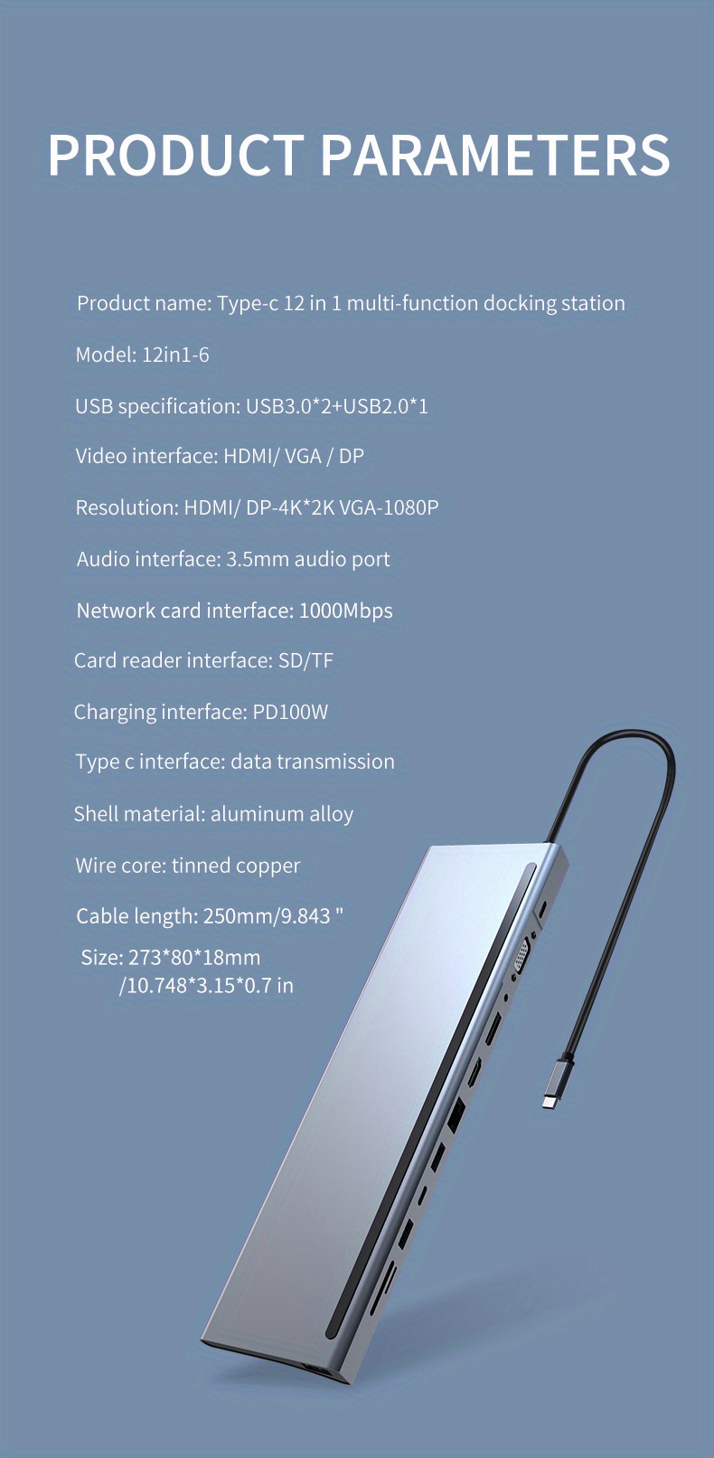 12 in 1 triple display usb c hub hdmi1 4 vga dp1 2 usb3 0 2 type c3 0 usb2 0 sd tf2 0 rj45 1000m pd 3 details 20