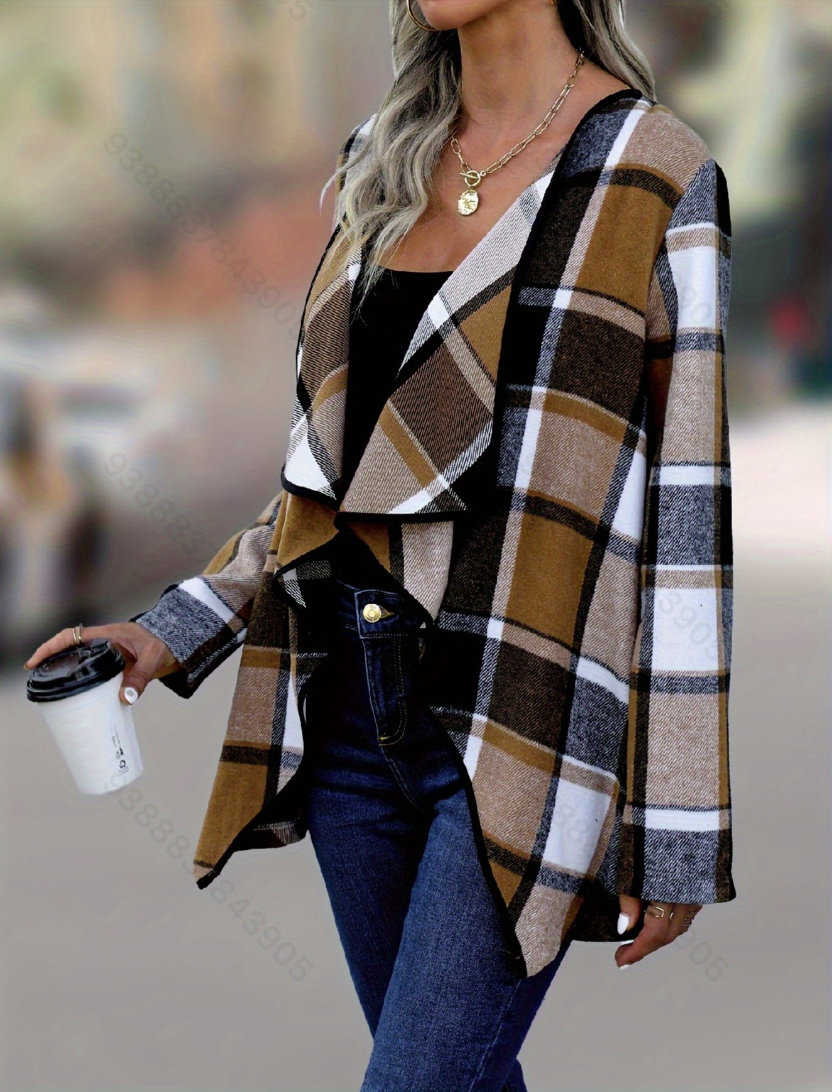 open front plaid jacket casual long sleeve outwear womens clothing details 2