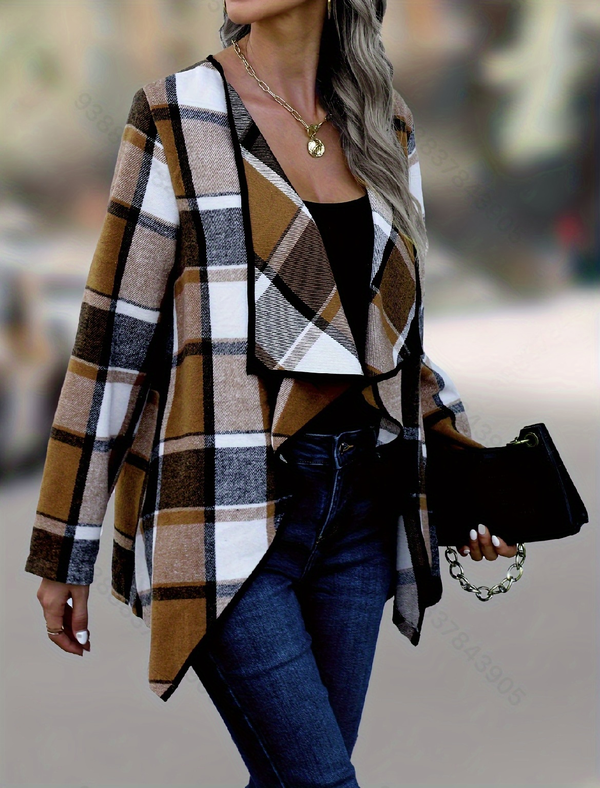 open front plaid jacket casual long sleeve outwear womens clothing details 3