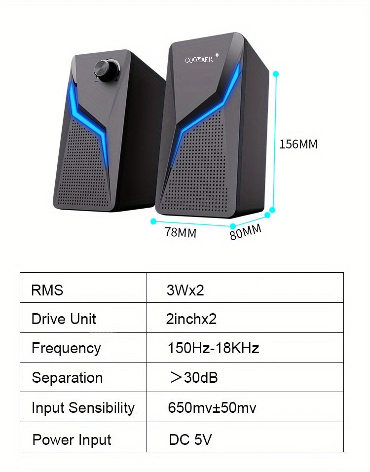 rgb desktop speakers 2 0ch stereo pc computer gaming speakers 6w multimedia monitor speakers volume control usb powered 3 5mm cable details 2