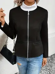 plus size elegant jacket womens plus solid long sleeve zip up round neck jacket details 62