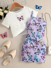 girls butterfly graphic twist knot short sleeve tee top cami dress set for party kids summer clothes details 10
