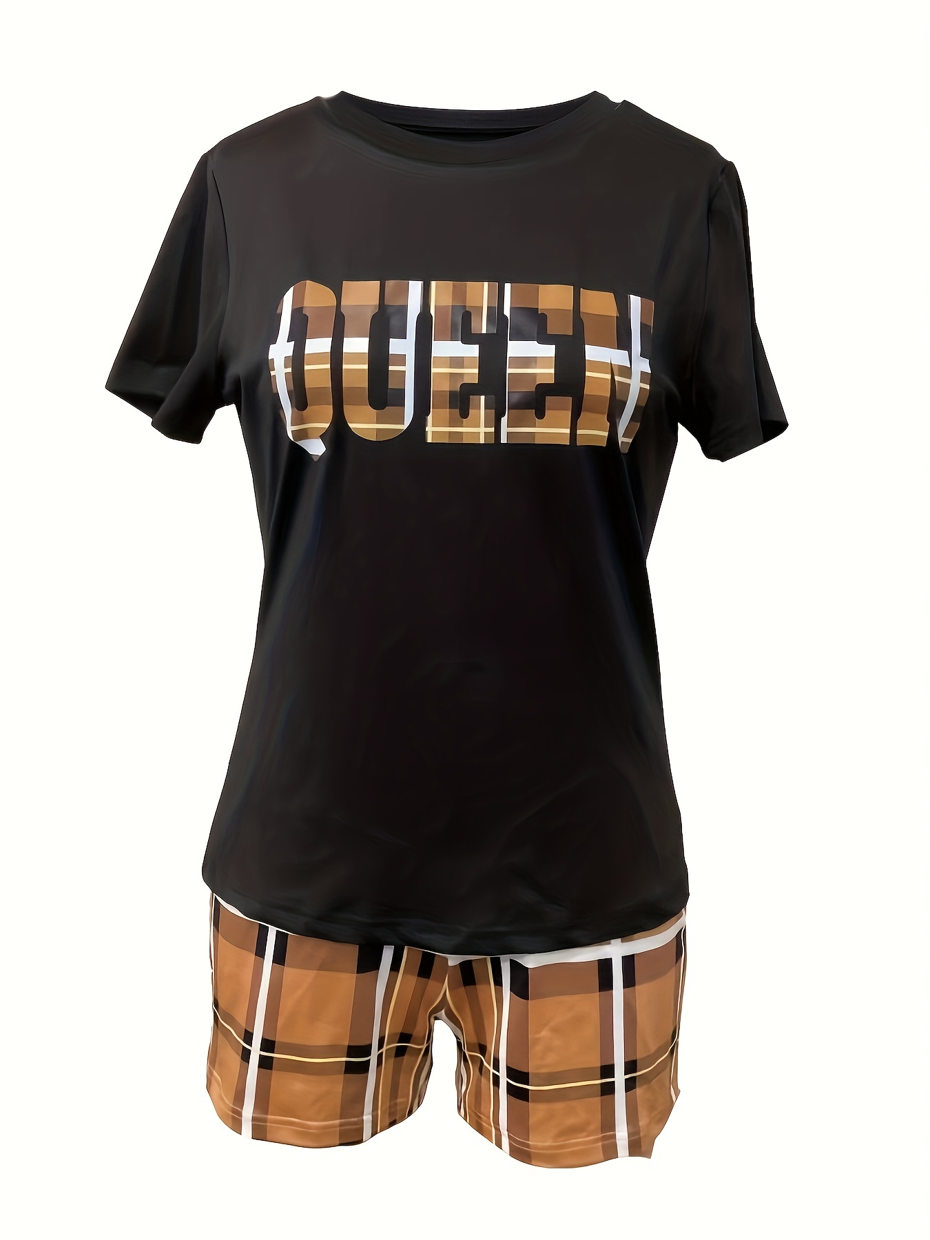 casual spring summer two piece set queen letter print short sleeve tee plaid slim shorts outfits womens clothing details 7