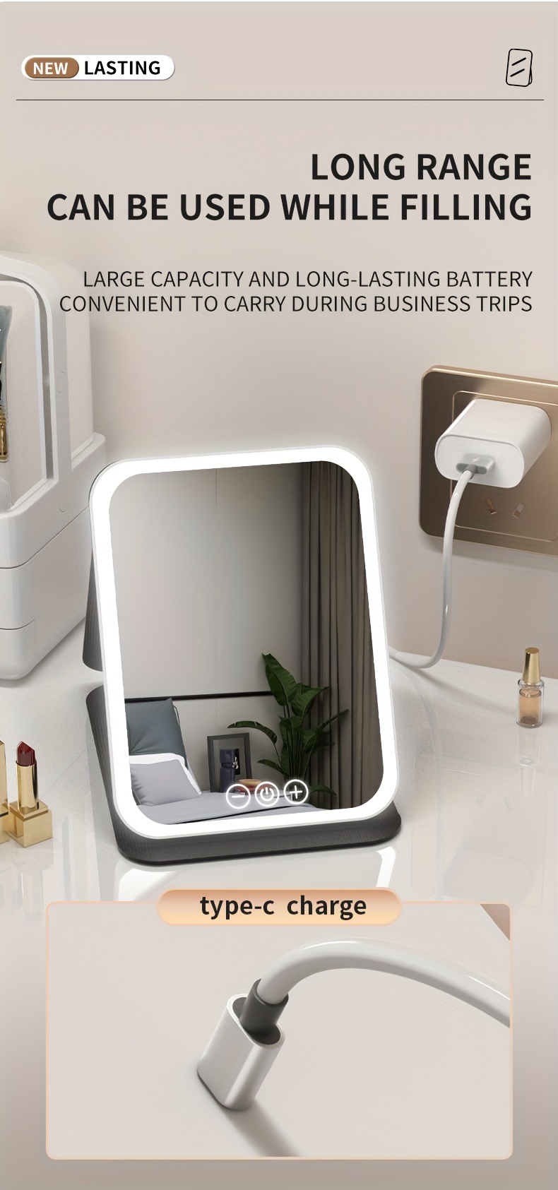 makeup mirror with lights folding lighted beauty mirror 3 color lighting dimmable touch screen rechargeable tabletop led cosmetic vanity mirror details 3