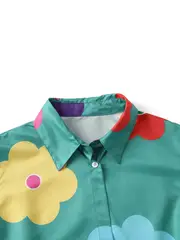 plus size cute outfits set womens plus colorful floral print long sleeve button up shirt pants vacay outfits 2 piece set details 3