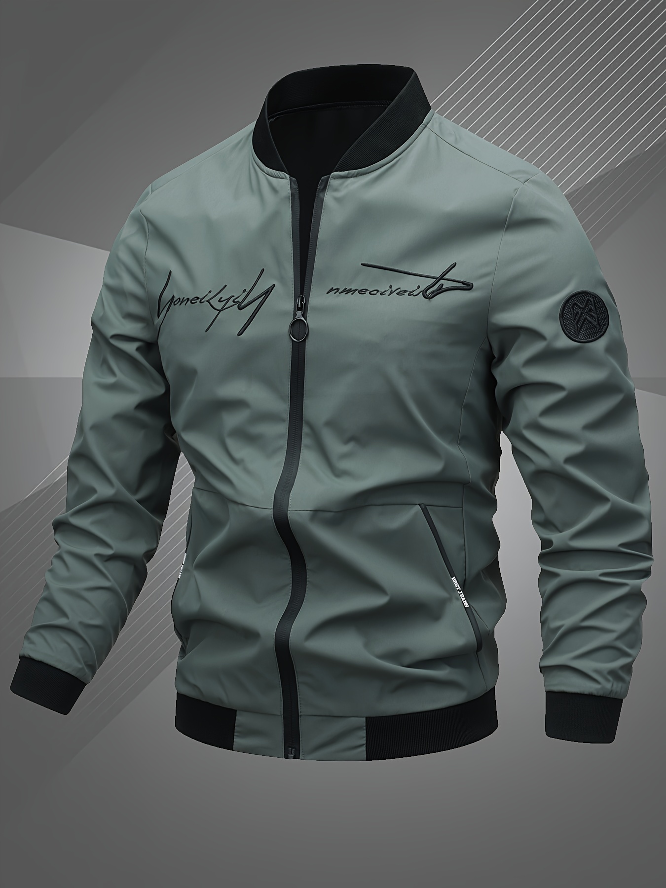 jaqueta bomber casual com bordado de   para homens detalhes 0