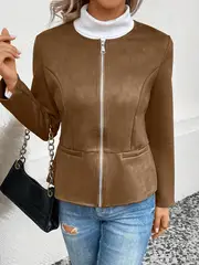 plus size elegant jacket womens plus solid long sleeve zip up round neck jacket details 32