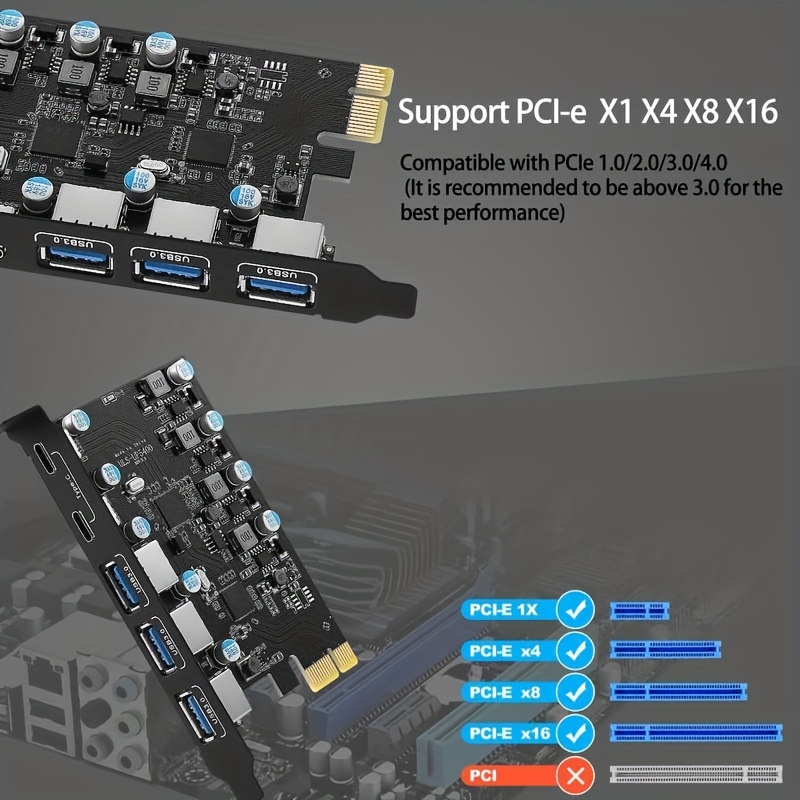 usb3 0 pcie expansion card built in usb adapter 5gbps transmission speed 3 usb3 0 a plus 2 usb c ports support windows7 8 10 11 and mac os 10 8 2 and above details 3