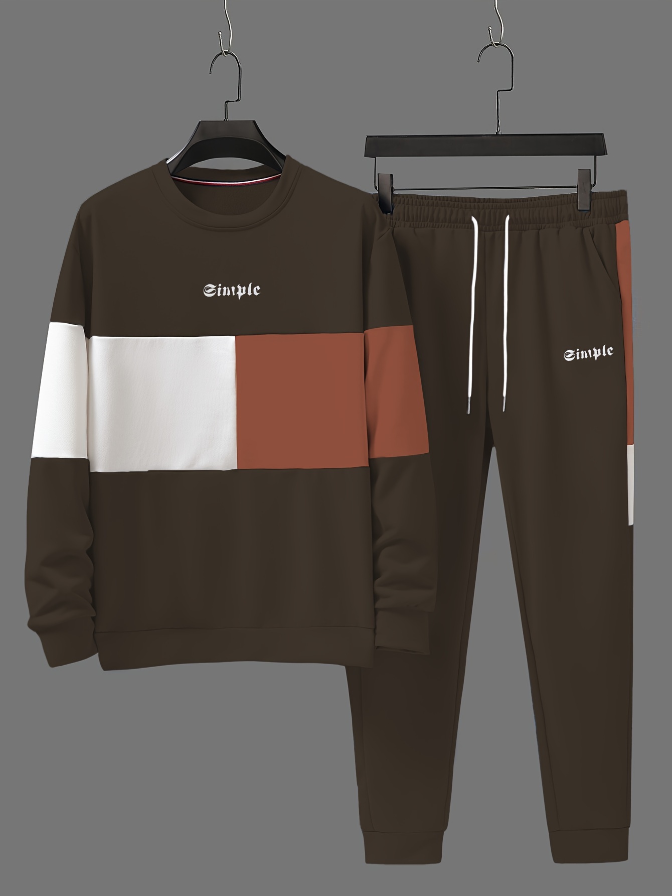 plus size mens simple print sweatshirt sweatpants set for autumn winter contrast color 2pcs outfits for sports outdoor mens clothing details 6