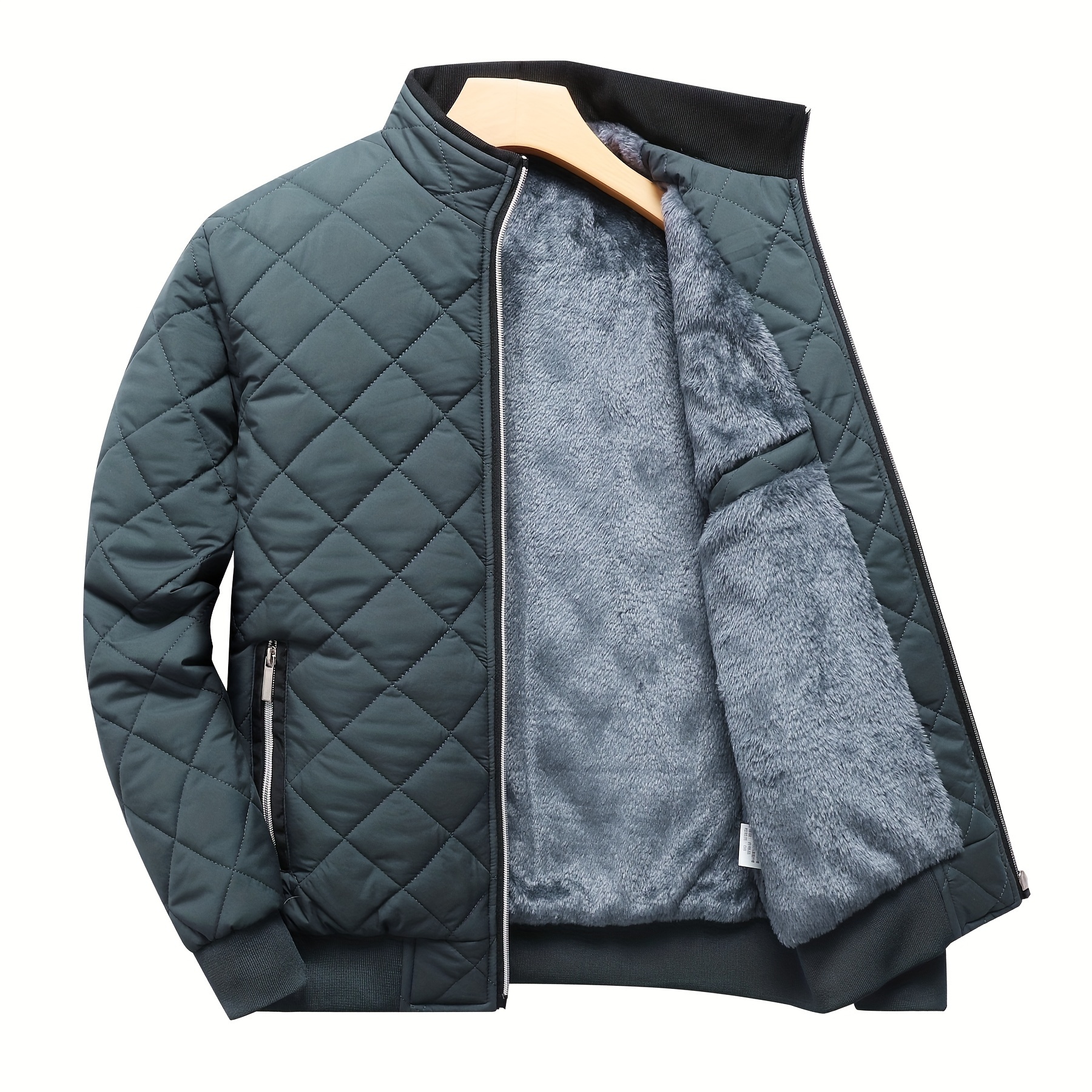 mens quilted fleece lined jacket warm stylish casual zip up with stand collar long sleeves and pockets dark green polyester   winter zip up jacket details 1