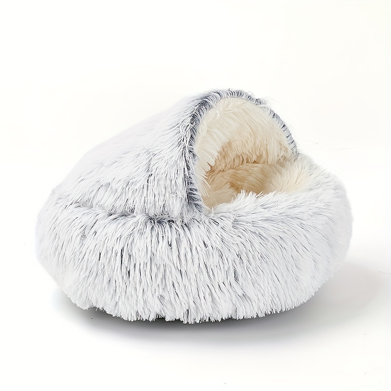 plush round hooded pet bed warm dog bed for small dogs fluffy soft cat bed donut pet cushion details 1