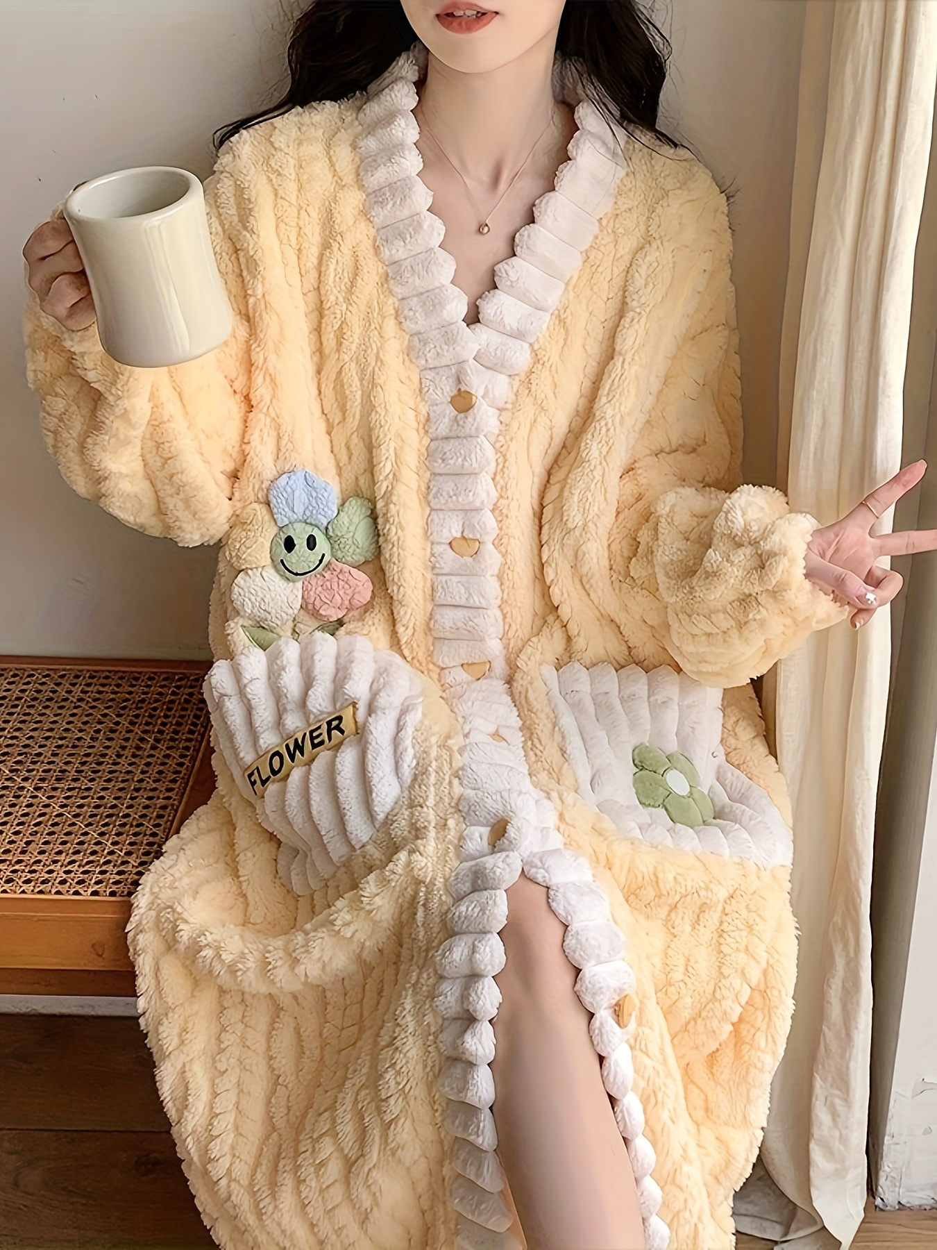 flower decor fuzzy night robe cute long sleeve v neck robe with pockets womens sleepwear details 7