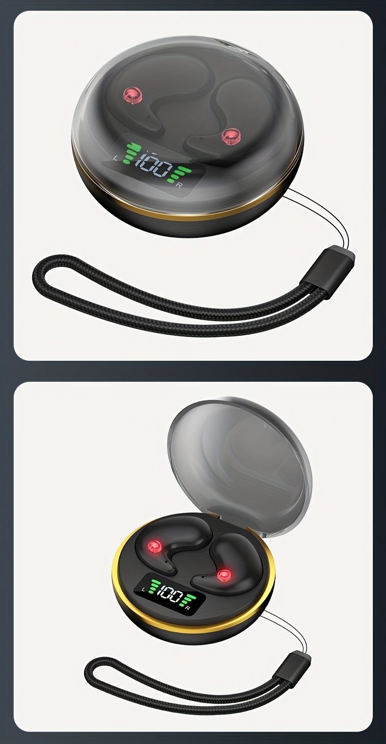 wireless 5 3tws sleep earphones with transparent charging compartment with strap led high definition digital display screen hifi sound quality stereo surround sound dedicated to sleep without detachment ultra high point endurance continuous listening all day mini music listening sports game earphones details 8