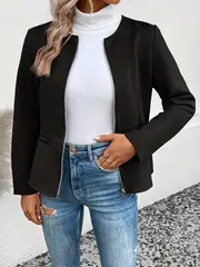 plus size elegant jacket womens plus solid long sleeve zip up round neck jacket details 61